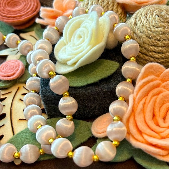 Vintage Satin Light Pink Gold Beaded Long Necklace - Picture 5 of 6